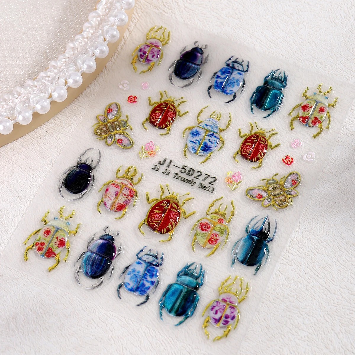 5D Embossed Beetle Nail Sticker, Vintage Floral Insect Nail Art Decal, Colorful Scarab Bug Butterfly Self-Adhesive Nail Decorate view 4