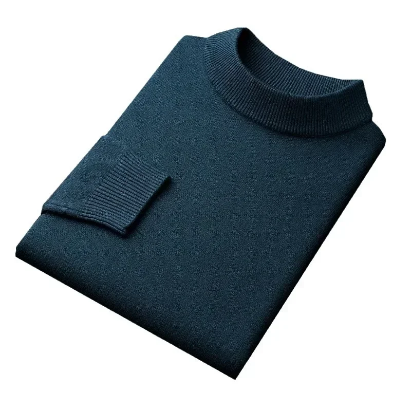 New 2023 Men's Mock Collar 100% Pure Woolen Sweater Tops Autumn Winter Cashmere Sweater Men Pullover Knitted Warm Sweater Male