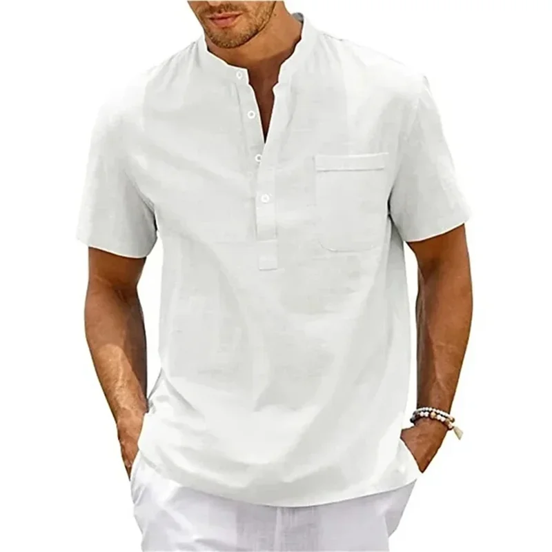 Linen shirt men's Henry collar pocket casual beach short sleeved solid color men's top T-shirt retro streetwear