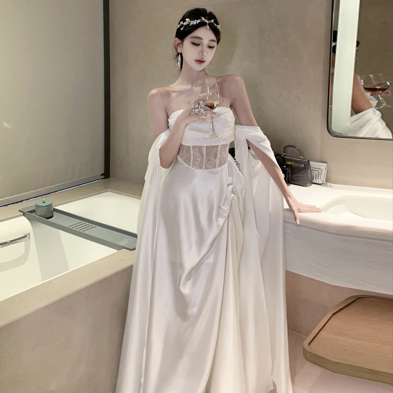 Elegant Gown French Strapless Wedding White Long Dresses for Women Sexy Lace Hollow Backless Evening Party Female Clothing Robe