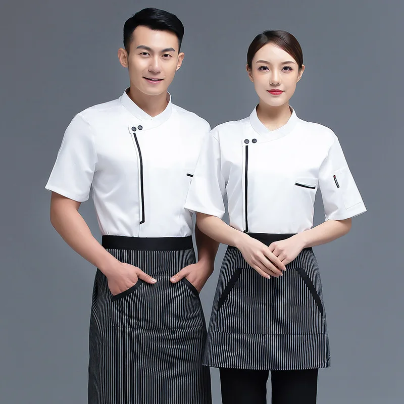 Chef Overalls Men's Short-Sleeved Summer Breathable Sweat Absorbing Thin Chef Uniform Short-Sleeved Kitchen Dining Fast Food Res