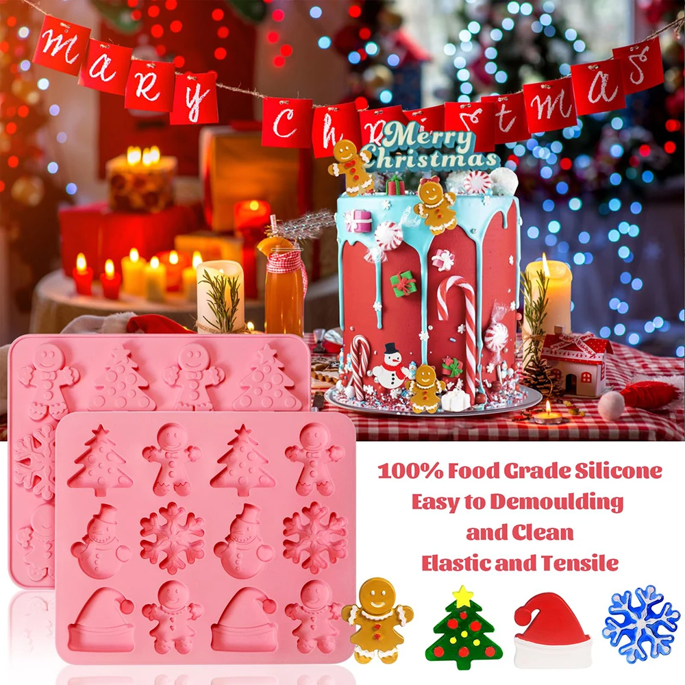 6-Cavity Christmas Chocolate Mold, Non Stick Silicone Candy Mould, Cookies Baking Tray with Christmas Elements, Party Decoration