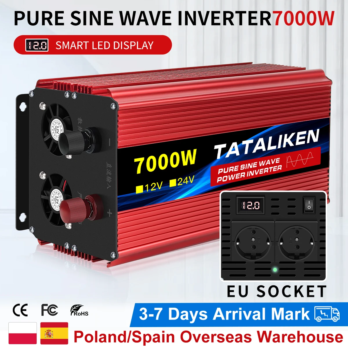 Pure sine wave DC 12V to AC 220V inverter 6000W/7000W/8000W/10000W European standard socket high-power vehicle inverter