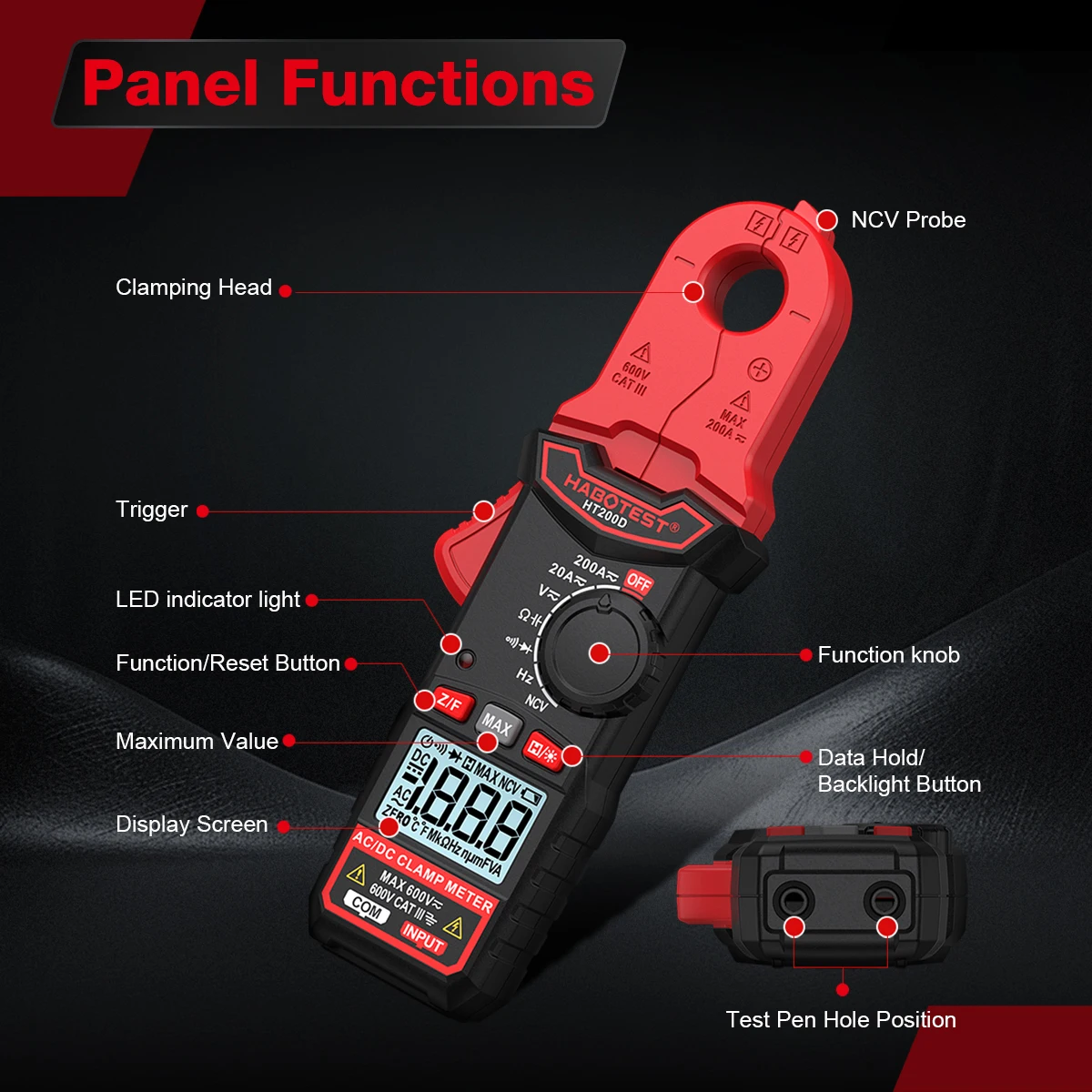 HABOTEST Digitales Zangenamperemeter AC/DC Strom-Spannungs-Tester Multimeter für HVAC Automobil Elektrische Wartung HT200A/D Tester – Detail 8