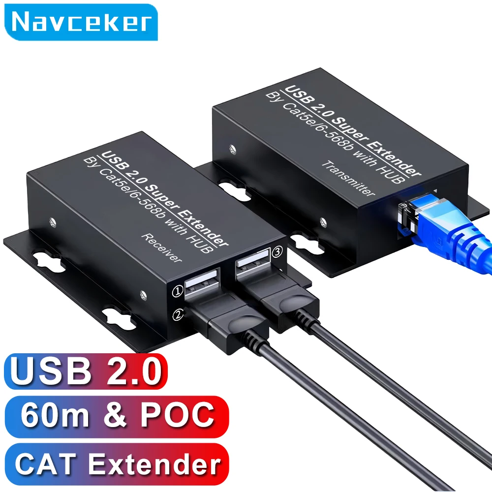 ProAV USB 2.0 Extender 60M Over CAT6 RJ45 Cable 4 Port USB HUB Extension By Ethernet for Webcam Camera Printer Keyboard Mouse