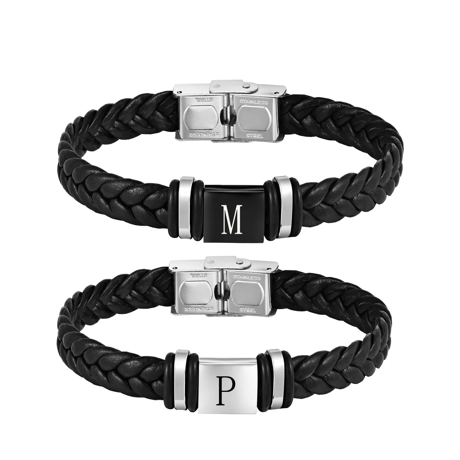 Bracelet en cuir avec initiales pour hommes et garçons, bracelet tissé à breloques en acier inoxydable A-Z 26 lettres, bijoux décontractés, cadeau pour père et mari
