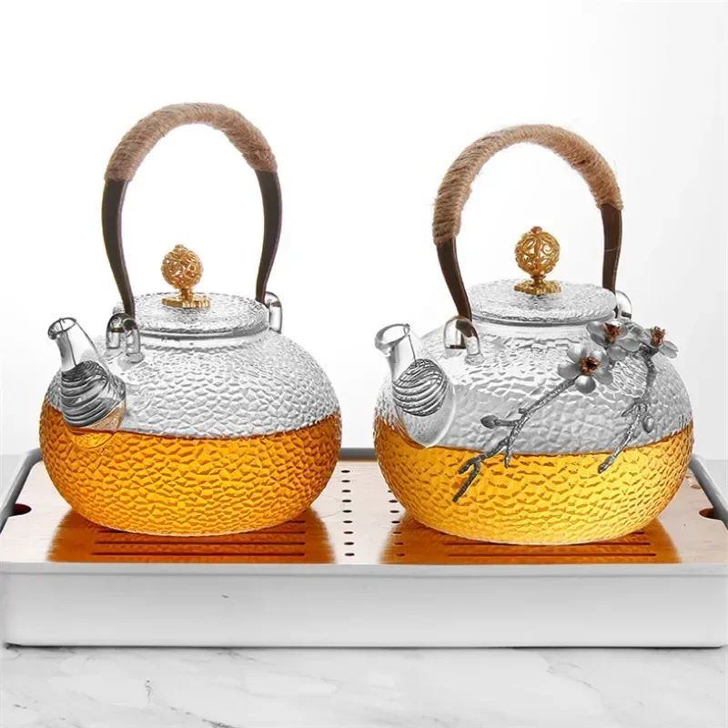 

Creative Japanese Style Thicken Heat Resistant Plum Blossom Glass Tea Pot with Handle Household Flower Teapot Office Kettle Gift