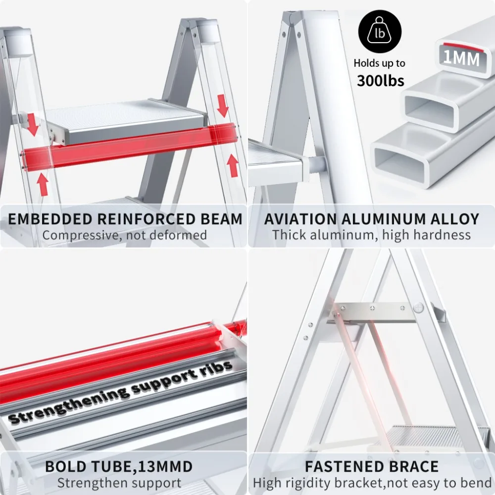 Ladnamy taburete de aleación de aluminio, escalera plegable multifuncional, taburete portátil de 2 escalones, color blanco nacarado