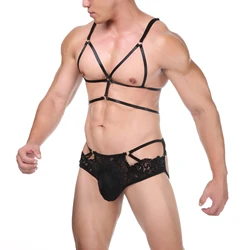 CLEVER-MENMODE Sexy Lingerie Set Men Bondage Hollow Out Harness Bra Lace Thong Underwear Jockstrap G String Metal Ring Erotic