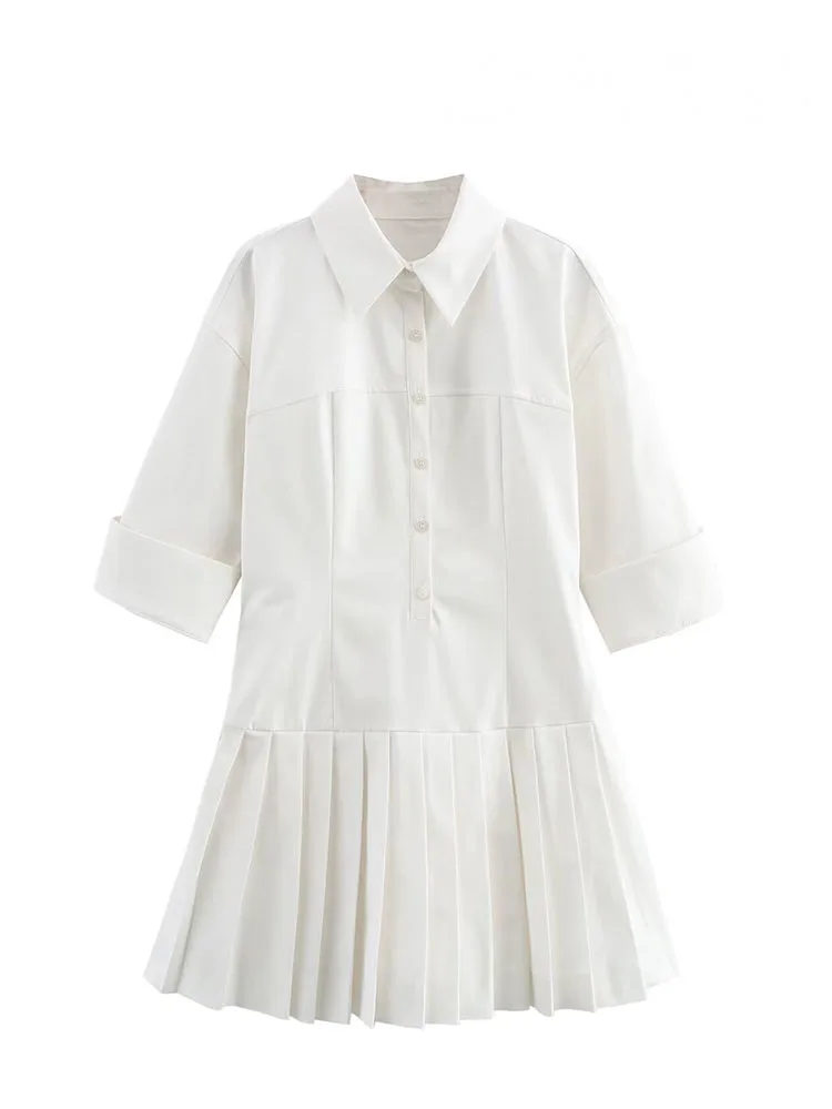 HH mujeres verano moda vacaciones cuello vuelto vestido con botones mujer sólido corto manga cremallera camisa estilo mono vestido