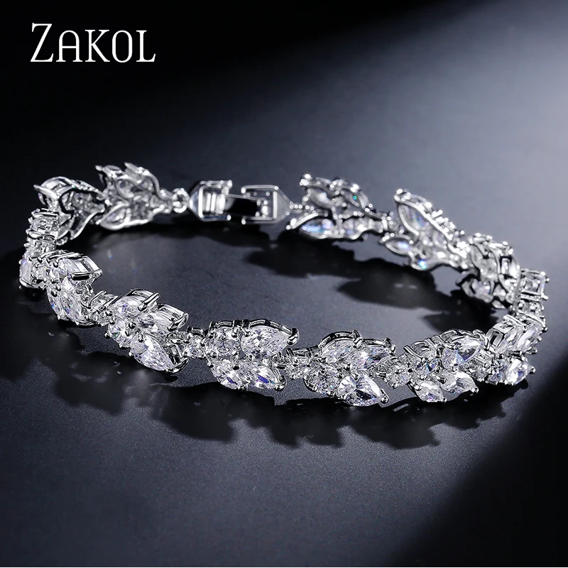 ZAKOL Fashion Cubic Zirconia Leaf Bracelets Bangles for Women Fashion White Plant Bracelet Girl Wedding Party Jewelry