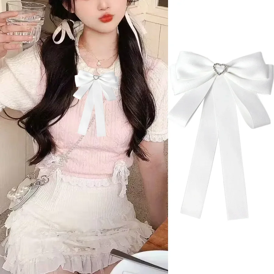 

College Style Collar Flower Brooch Handmade White Ribbon Rhinestone Pins Korean Clothing Suit Shirt Accessories Women's Bow Tie