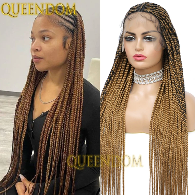 Ombre Blonde Synthetic Lace Frontal Braid Wig 36'' Crochet Box Braided Goddess Wig for Black Women 13x8 Cornrow Plait Braids Wig