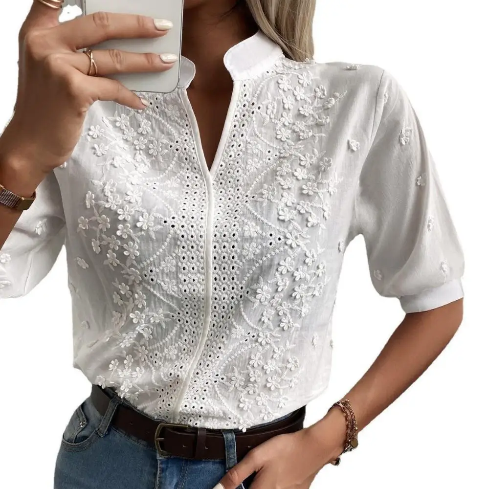 Fashion Ladies Embroidery Lace Blouse Summer Short Sleeve Shirt V Neck Stand Collar Elegant Loose Casual White Tops