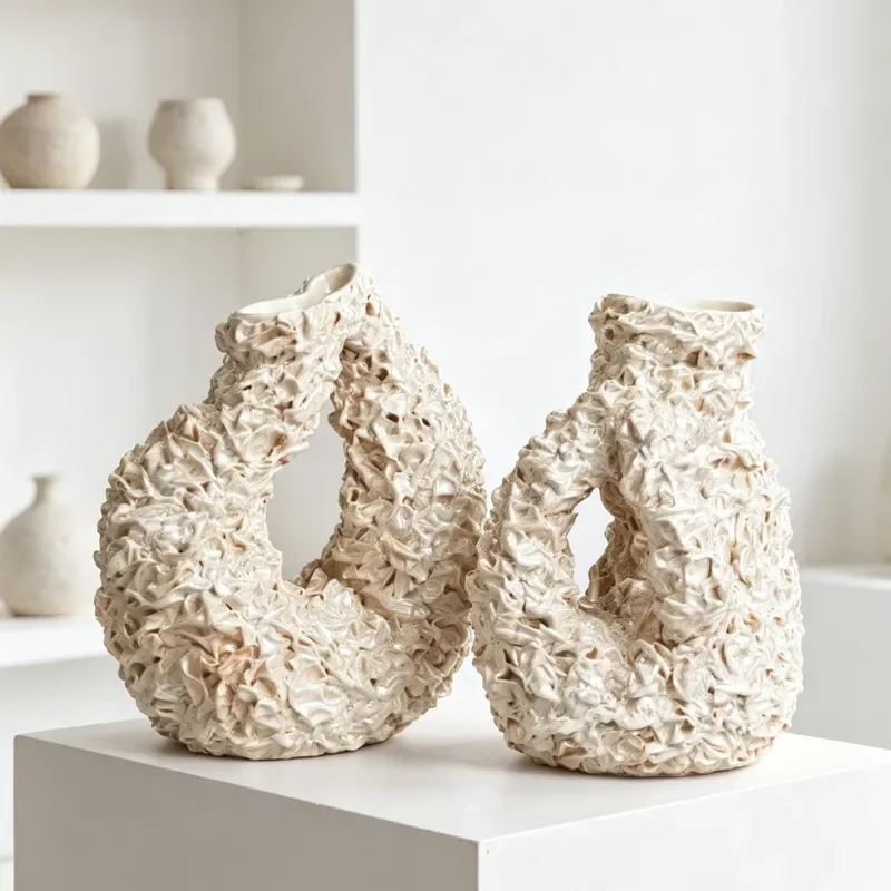 Modern Handmade Ceramic Vase Pleated Texture Art Decor Wabi Sabi Style Flower Arrangement Ornament for Living Room Porch
