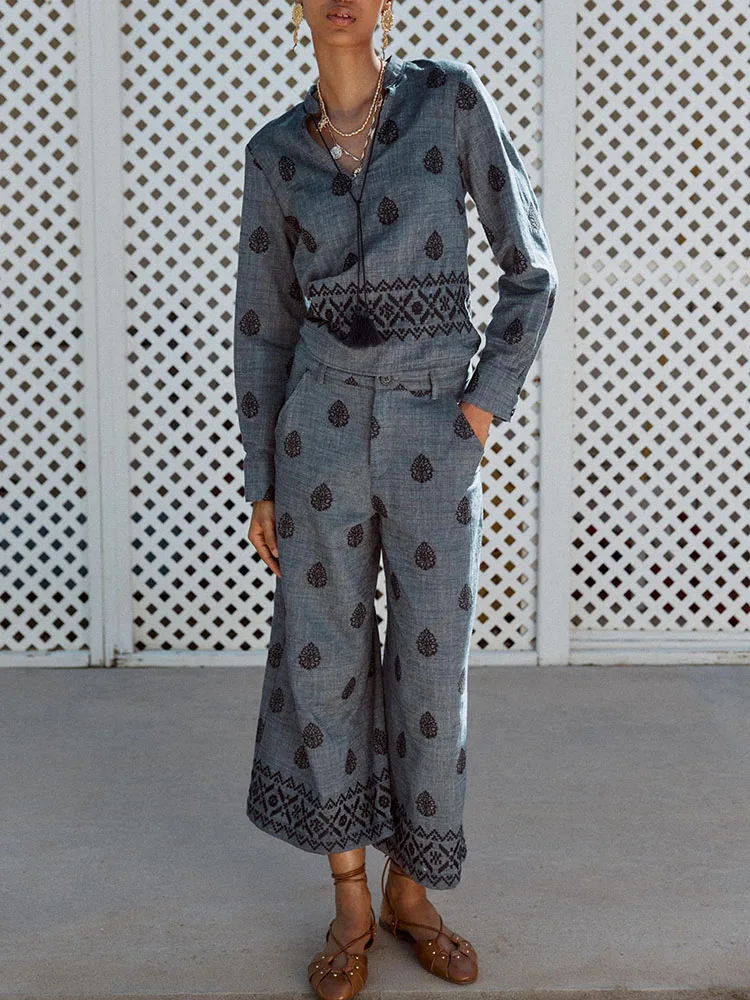 Spring New Arrival Women's Long Sve irt And Wide Leg Pants Faion Set V Ne Svel Long Pants Two Piece Set