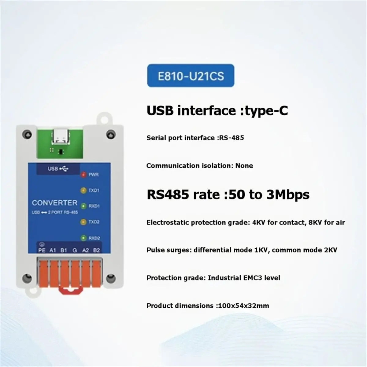 (A99Z] USB to -485 Serial Port Converter 2 Serial Ports CDEBYTE E810-U21CS USB-C Interface Rate Industrial Grade