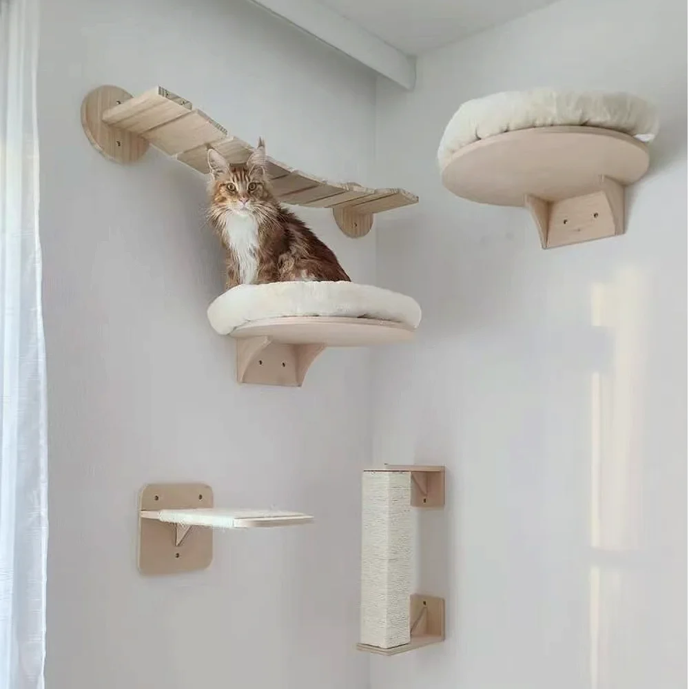 

Cat Climbing Shelves Wall Mounted Cat Tree Wooden Scratcher Hammock Jumping Platform Indoor House Cats Training Toys Accessories
