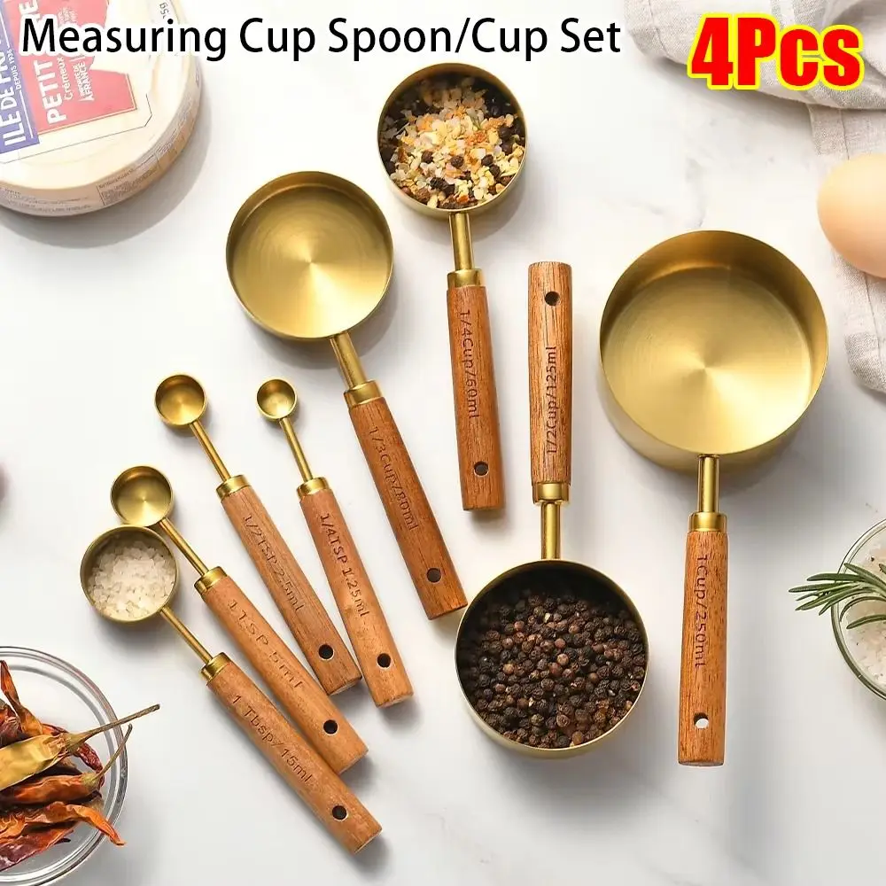 4Pcs Stainless Steel Measuring Cup Spoon Gold Silver Wooden Handle Coffee Measuring Spoon 1.25-250ml Black Baking Tool