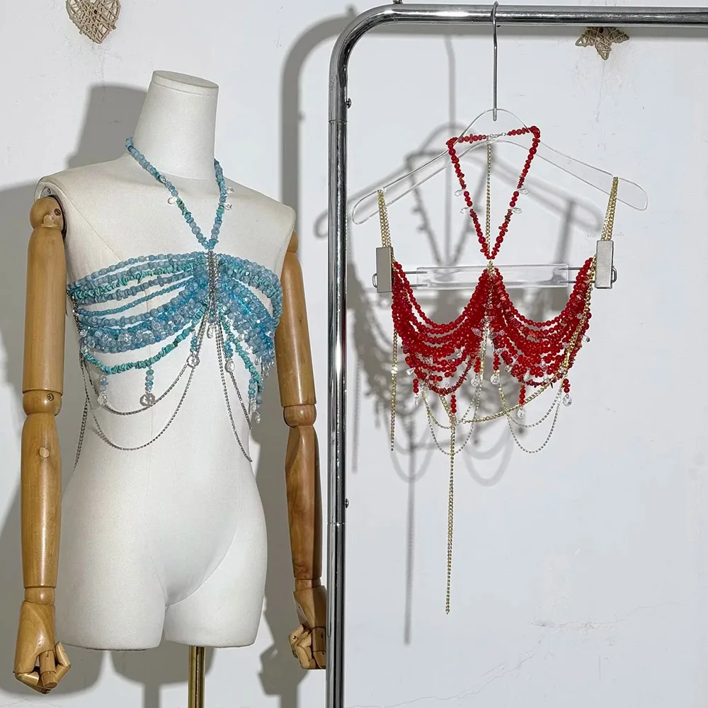 Pearl-Covered Backless Women's Crop Top with Pendant Design, Sexy Bodysuit with Body Chain, Outerwear Bra Accessories