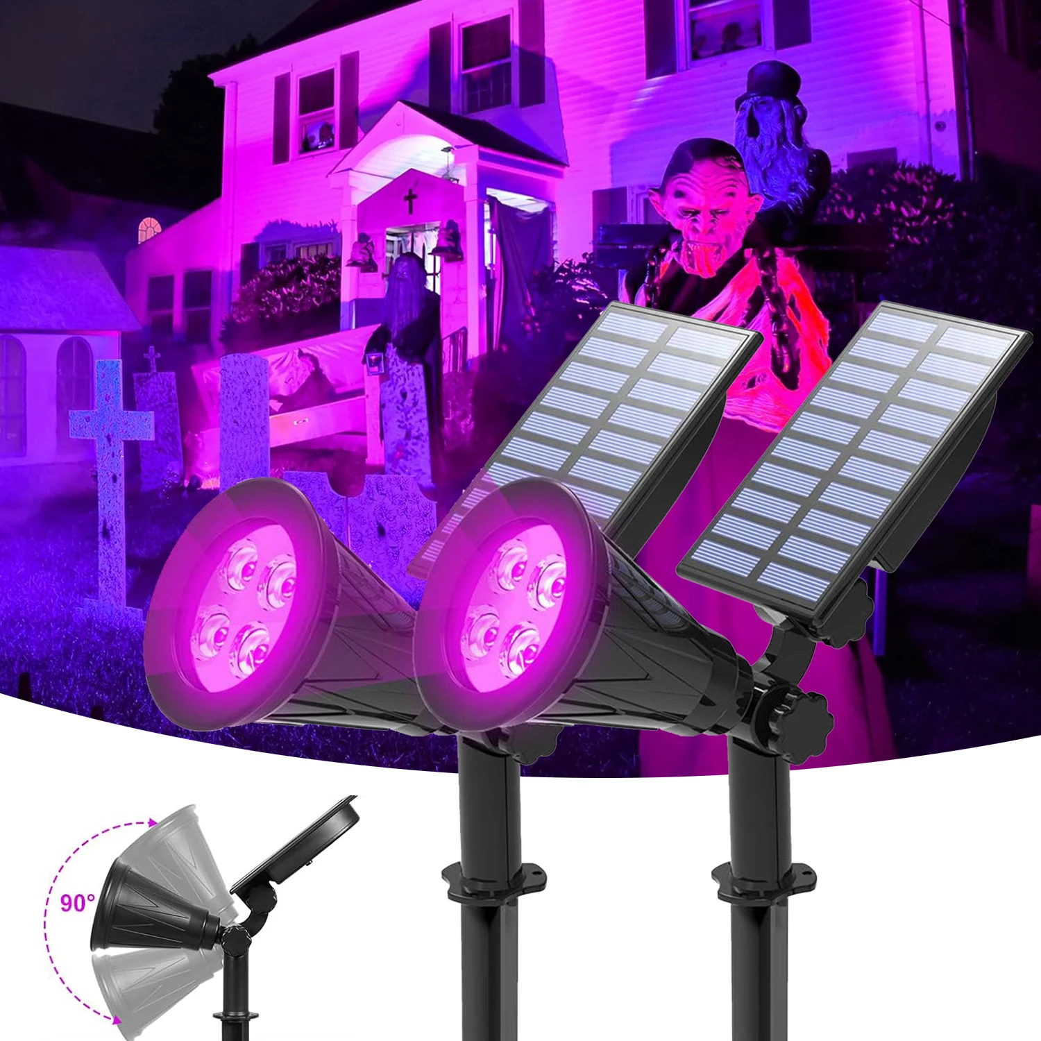 Solarstrahler für den Außenbereich, Solar-Landschaftsstrahler, lila Licht, Halloween-Garten-Dekorationslichter für den Außenbereich, IP65 wasserdicht