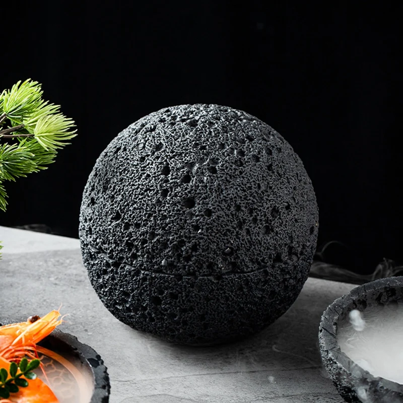 1Set Bowl Molecular Cuisine Creativity Imitate The Round Smoke Cup Black Tableware On The Fire Stone Ball Plate Cement + Copper