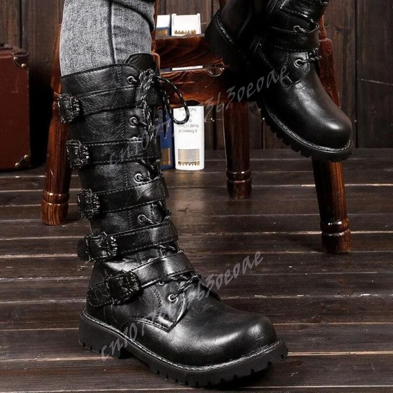 

Black Matte Leather Buckle Decor Men's Boots Strappy Lace Up Round Toe Shoes for Men Runway Mid Calf Shoes Zapatos Para Hombres