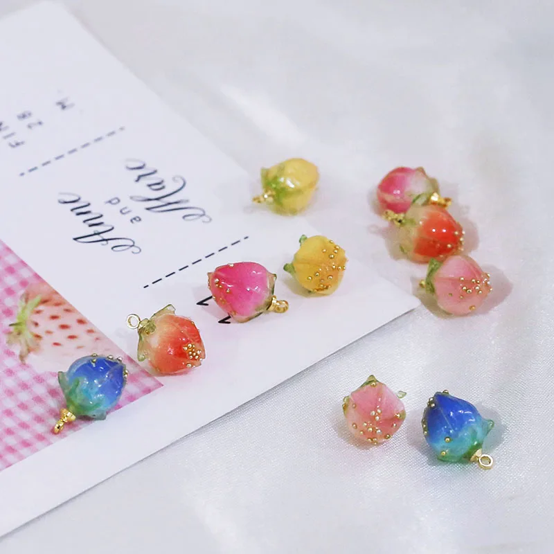 1pcs Diy Accessories Drop Glue Heat Shrinkable Piece Flower Bud Strawberry Resin Earrings Pendant Bracelet Handmade Charms