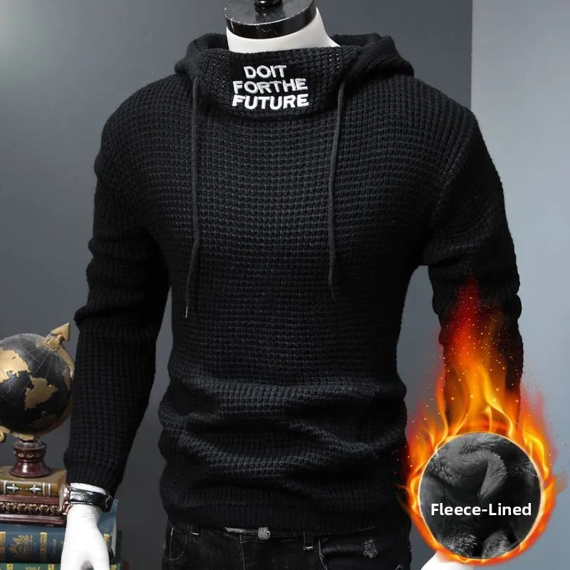 

Мужской вязаный свитер с капюшоном и начесом, высокий воротник, осенне-зимняя верхняя одежда, модный, уютный, теплый, стильный, для пар