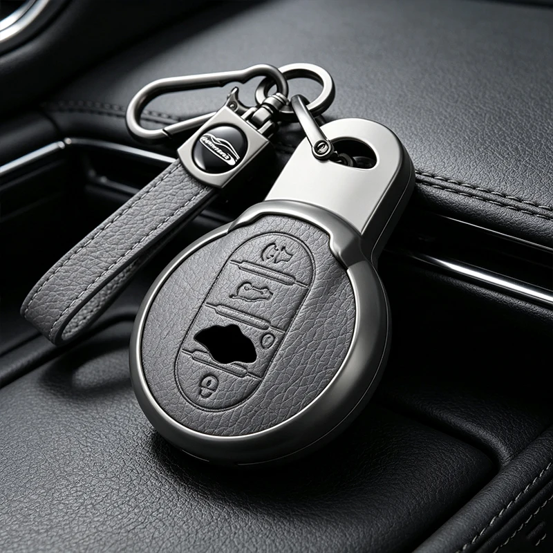 For BMW MINI Cooper One Fun F54 F55 F56 R56 R57 R58 R59 R60 R61 Car Zinc Alloy Leather Key Case Holder Cover Keychain Accessorie