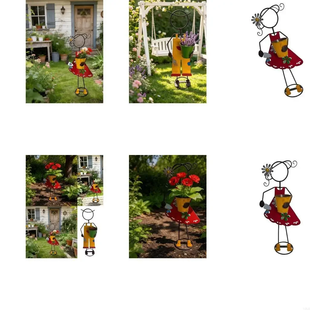 Outdoor Flower Pot Holder with Metal Figurine Form for Porch Use Y5GB
