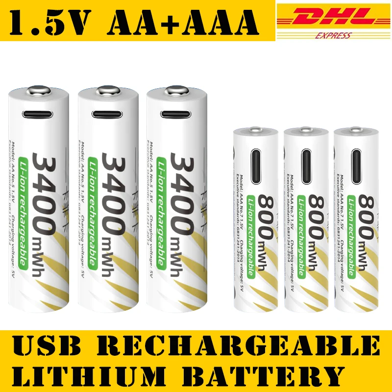

New Li-ion AAA and️ AA Rechargeable Batteries USB Lithium-ion 3400mWh 1.5V AA Rechargeable Batteries+800mWh 1.5V AAA Batt