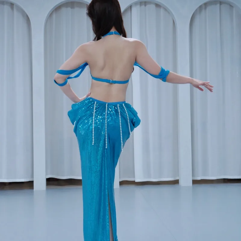 

customized belly dance costumes practice outfit sexy neck sequin performance dress bra and long skirt set blue bellydancing suit