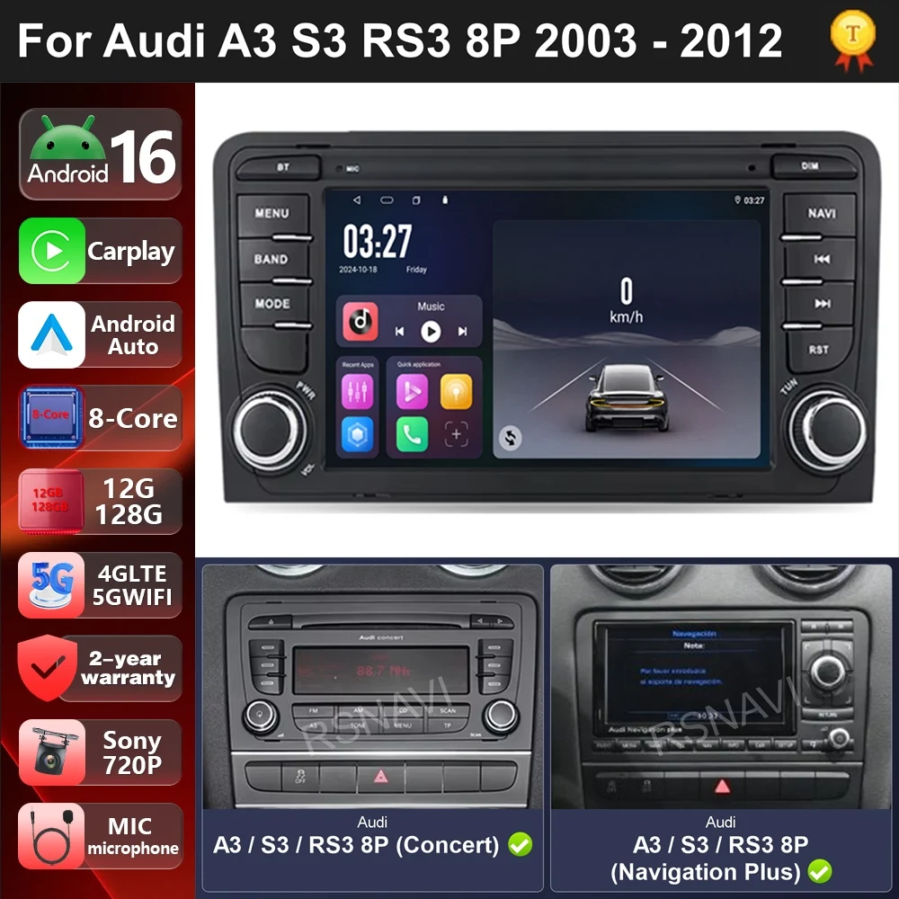 Car Radio Android 16 For Audi A3 S3 RS3 8P 2003 - 2012 carplay Android auto DSP BT RDS 2din Autoradio Stereo Video 4G-LTE GPS