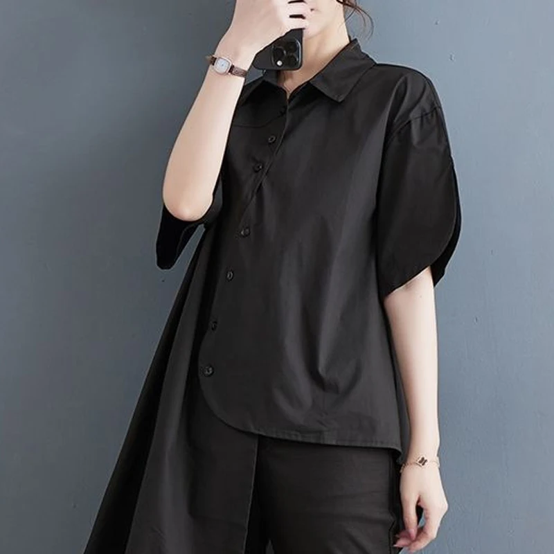 Summer New Solid Color Y2K Shirt Women POLO Collar Short Sleeve Single Breasted Asymmetrical Cardigan Street Personality Tops