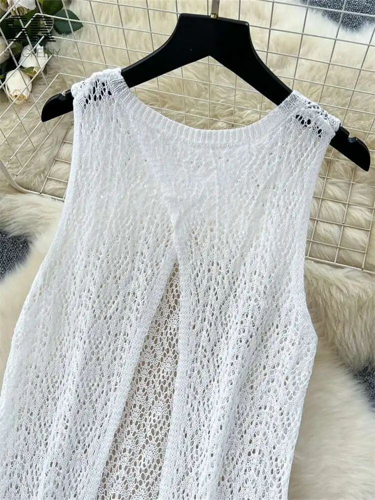 Babyoung split casual vestido de malha 2025 verão suave sem mangas o pescoço sobre camisa oco para fora feminino coreano praia vestidos longos