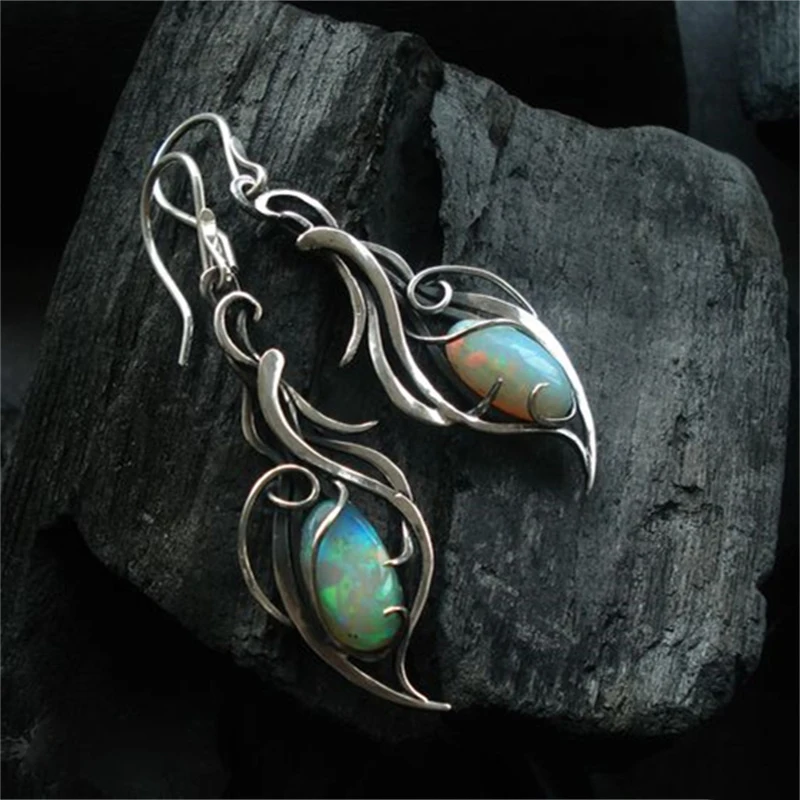 Elegant Oval Flower Green Stone Earrings for Women Silver Color Dangle Earrings Jewelry