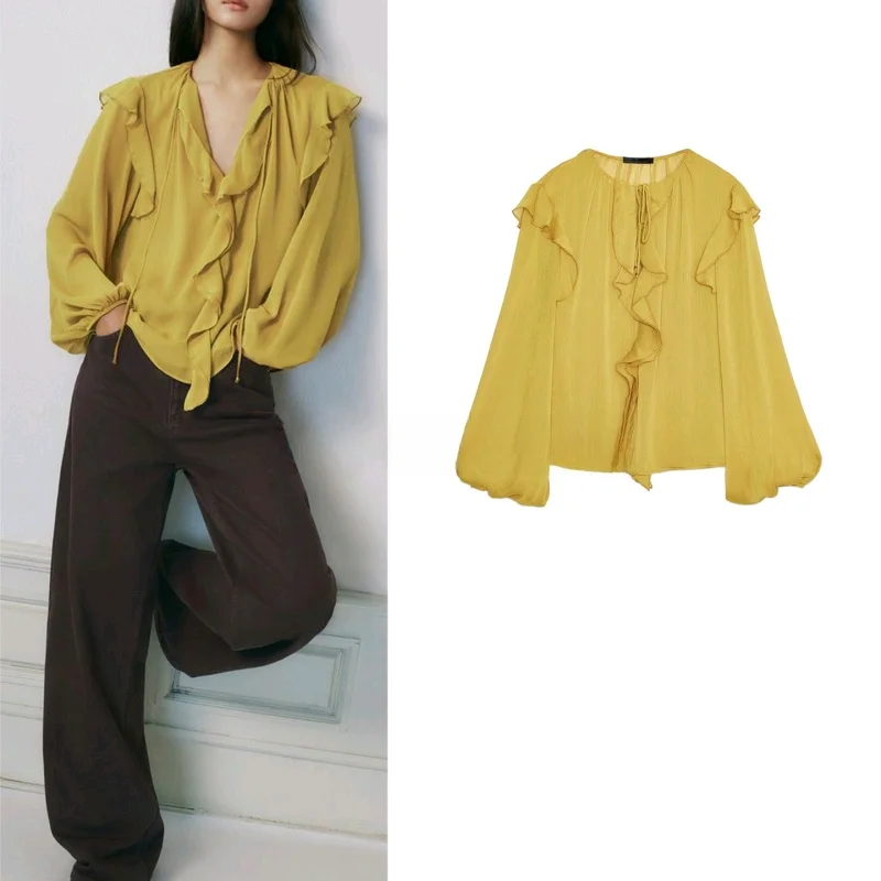 

Новая осенняя женская повседневная свободная круглая длинная рубашка Ne irt с декоративным многослойным дизайном из смеси хлопка и полиэстера...