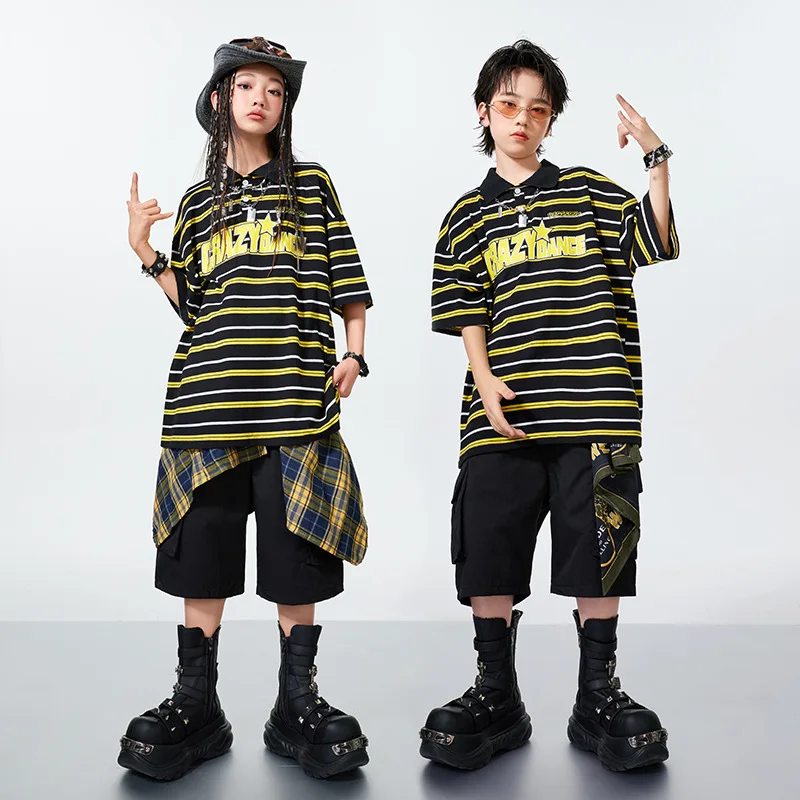 

New Boys Jazz Dance Costumes Striped Short Sleeve T Shirts Black Shorts Suit Girls Modern Hip Hop Clothing Group Streetwear Sets