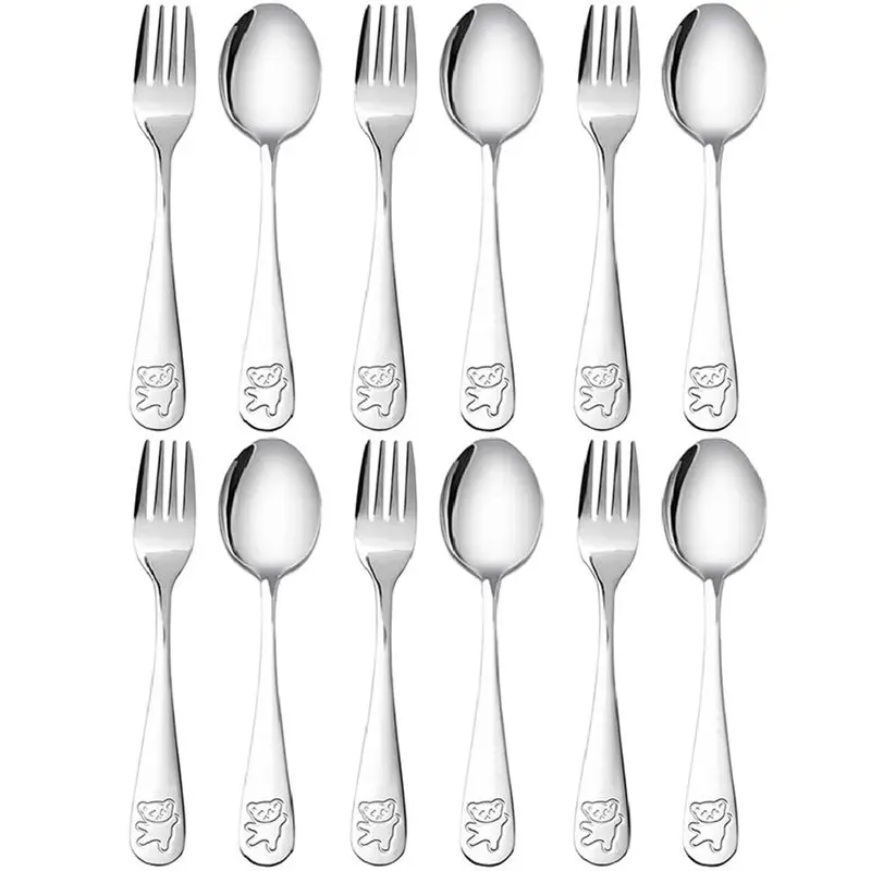 LLCS-36 Pieces Kids Silverware Stainless Steel Children's Safe Flatware Little Bear Child Spoon And Fork Set Toddler Utensils
