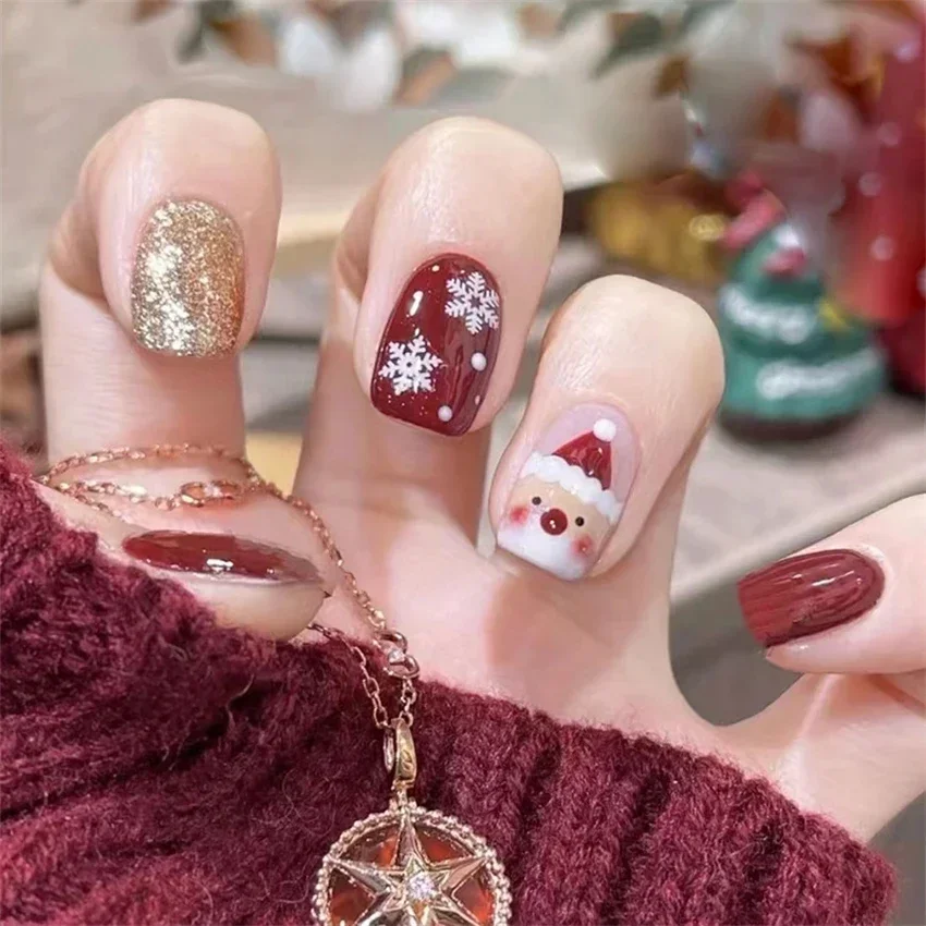 24 adet/takım Noel Satranç Checker Akrilik Sahte Nail İpuçları Yumuşak Bitmiş Aşınma Kısa Basın Nail Art Yama Tam Kapak Yanlış Çivi