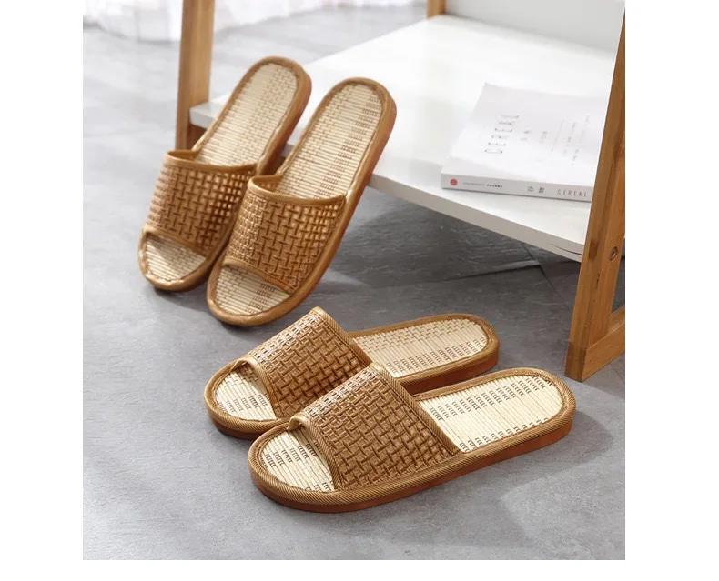 Sommerhausschuhe aus Bambus und Rattan für Damen/Herren – atmungsaktive Paar-Sandalen, rutschfeste Innenrutschen mit weicher Sohle für Zuhause/Strand – Detail 9