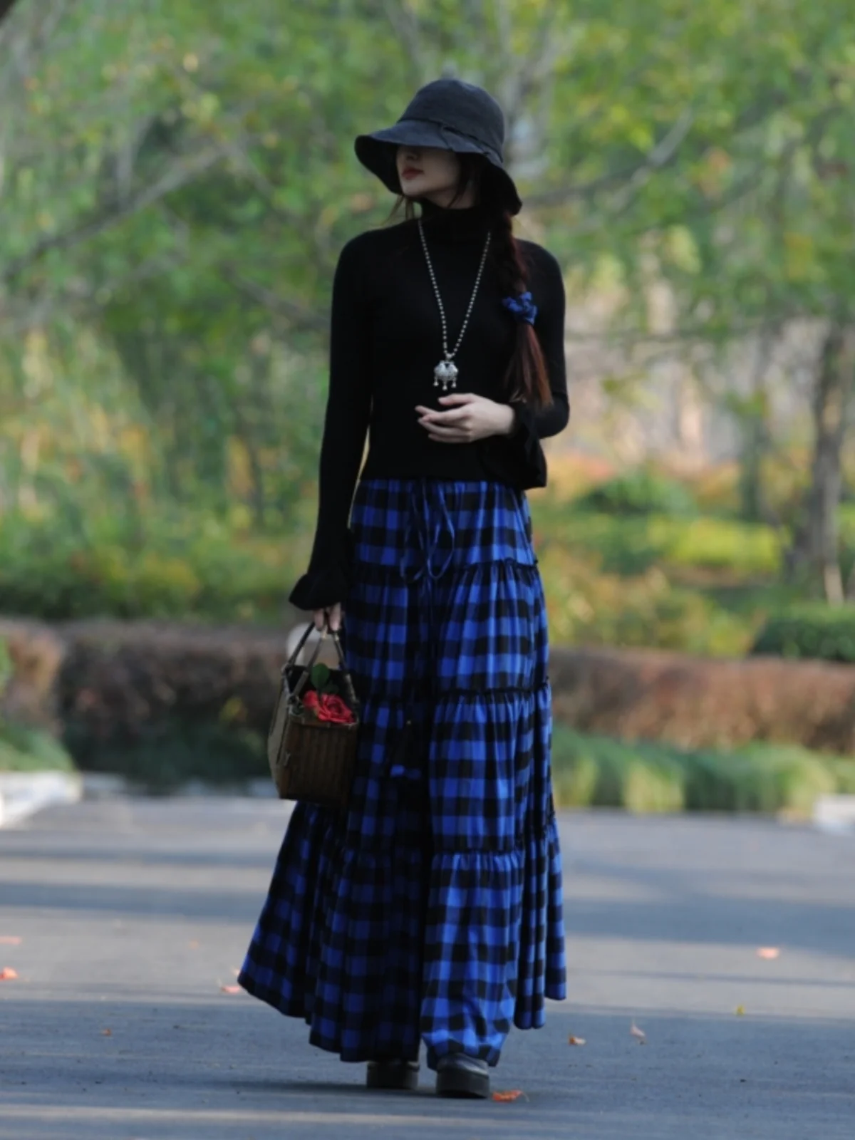 TIYIHAILEY Women's Long Maxi Winter Skirts Cotton Thick Elastic Waist A-Line Plaid New Fashion Blue Warm Big Hem S-2XL 2025