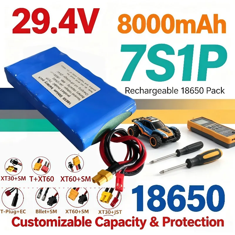 Rechargeable 24V 8000mAh 18650 Battery Pack,7S1P 29.4V, Built-in BMS Customizable for E-Bike Scooter Toys