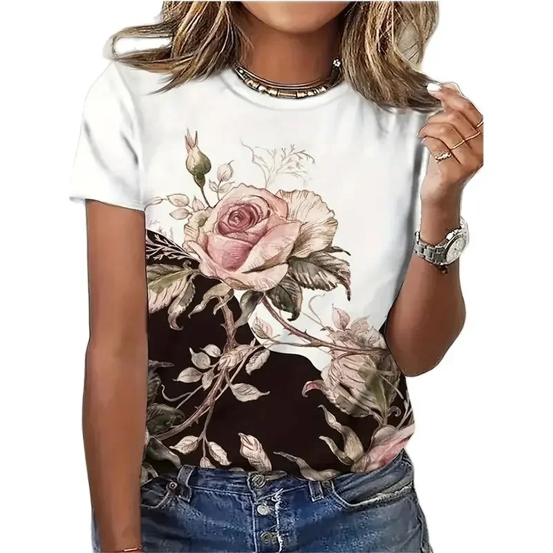 

Elegant Botanical Flowers Print T-Shirt Women Korean Casual Commuter Loose Tops Summer Short Sleeve Female O Neck Pullover Tees