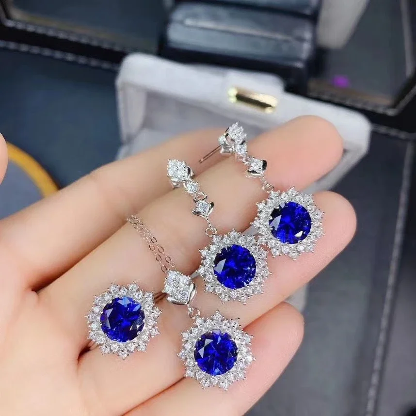 Natural Sapphire 925 Sterling Silver Popular Girls New Gem Pendant Ring Earring Set Support Test Carry Certificate