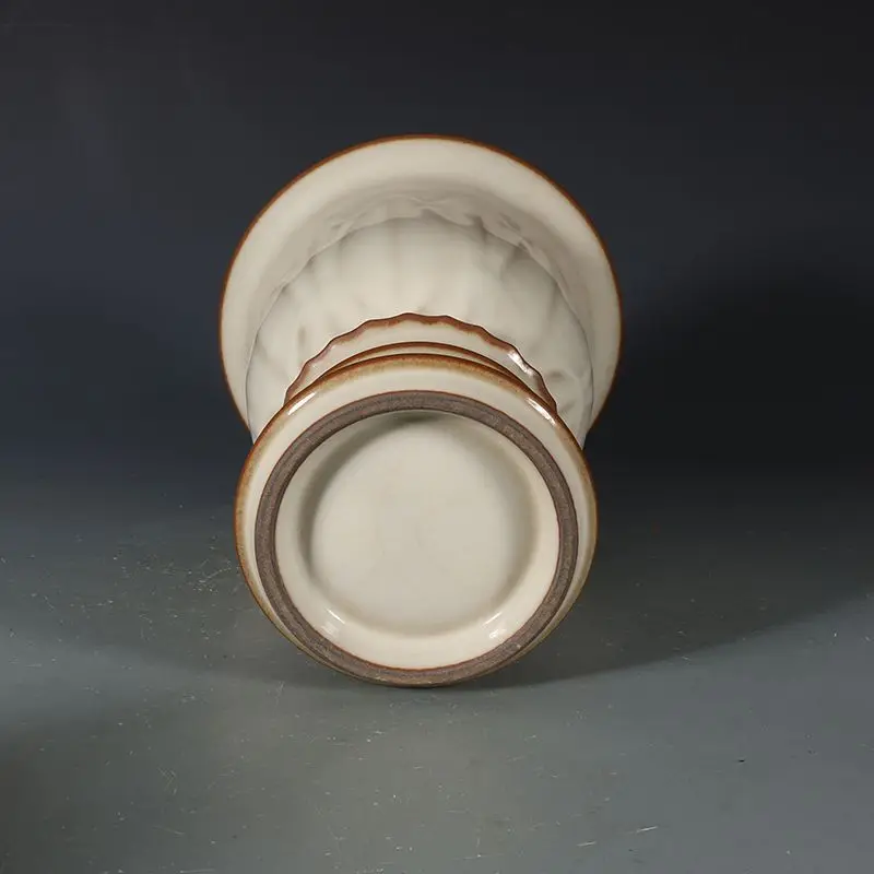 Vintage Chinese Imitate Song Ding Kiln Matte Off White Relief Lotus Petal High Foot Porcelain Planter Antique Decorative Vase
