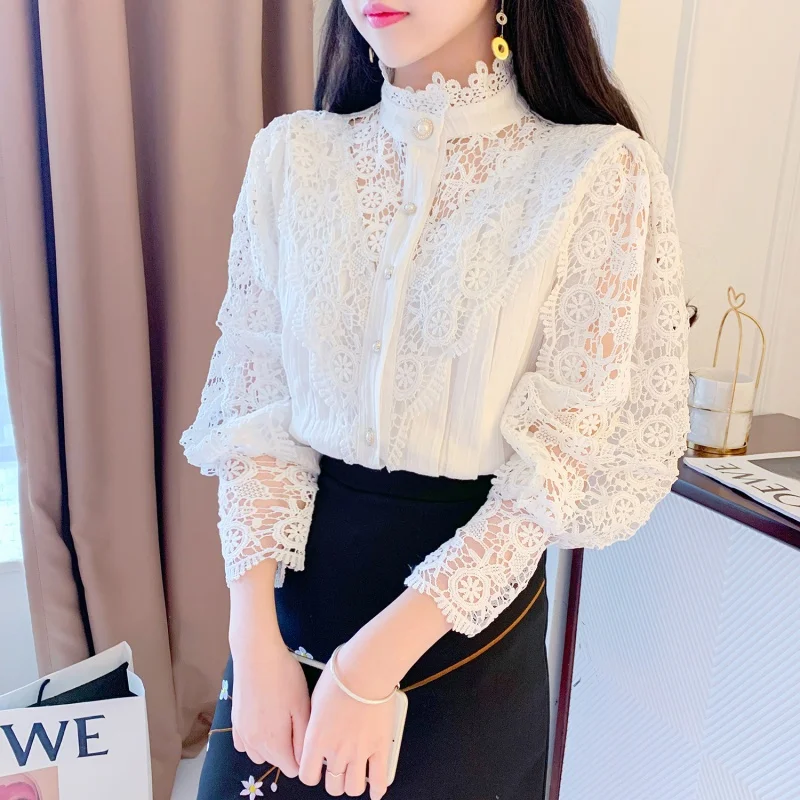 Office Lady Elegant Hollow Out Lace Shirt Women Fashion Long Sleeve Stand Collar Blouses Casual Solid Color Tops