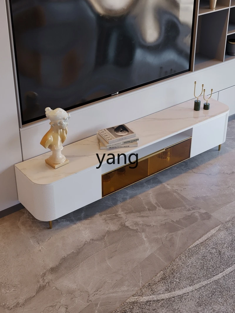 Yjq Stone Plate TV Cabinet White Modern Simple Coffee Table TV Cabinet Unit Small Apartment Brown Glass Door