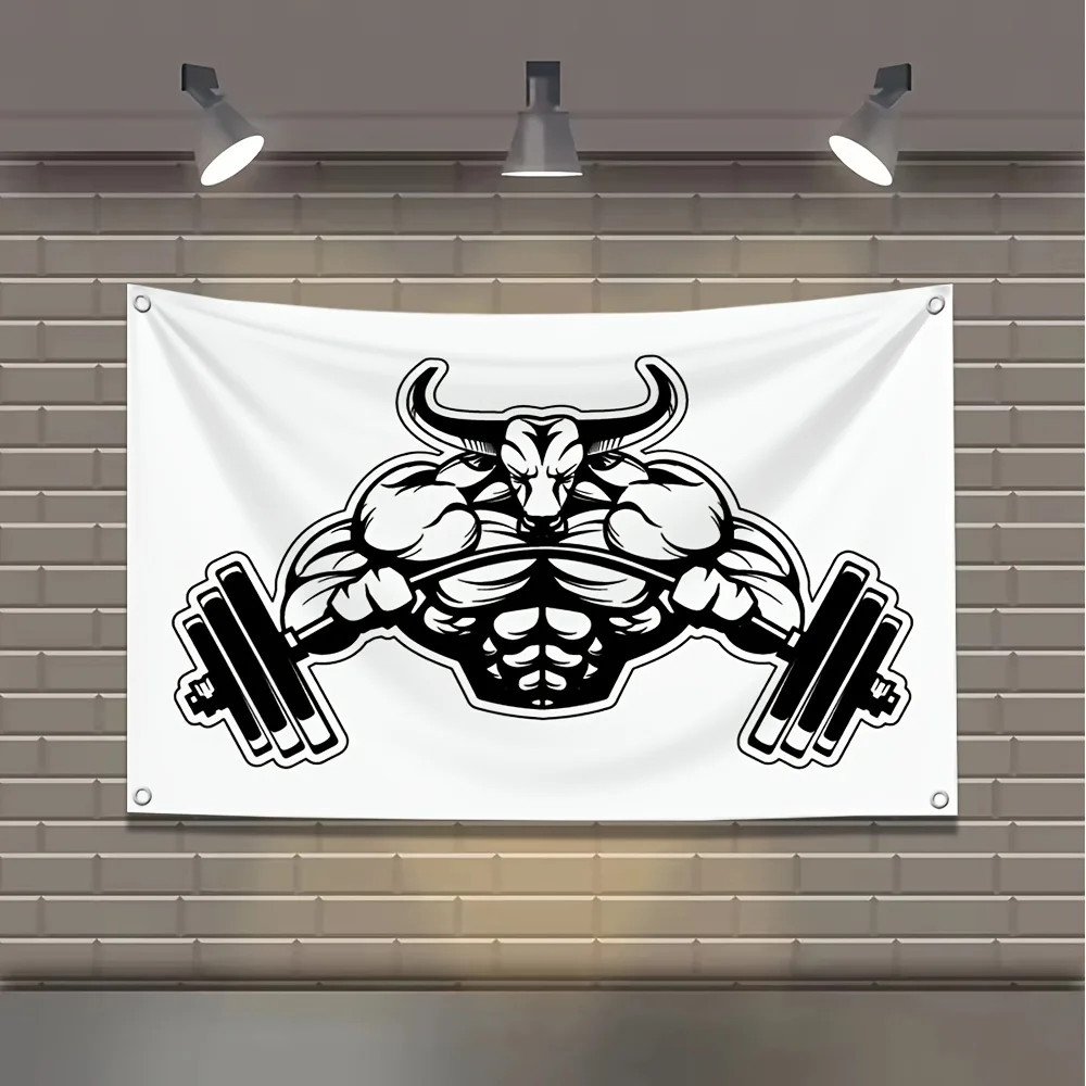Fitness Gym Decor Banner Tapestry Wall Art Muscle Weights Bull Strength Workout Flag 60x90cm Indoor Home Gym Poster Gift